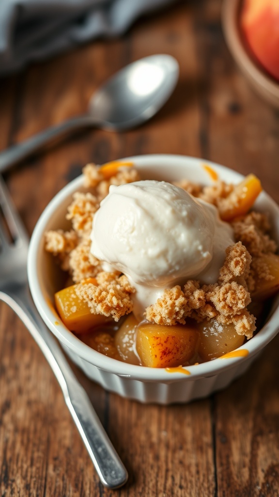 A small dish of apple crumble with ice cream on top, set on a rustic wooden table.